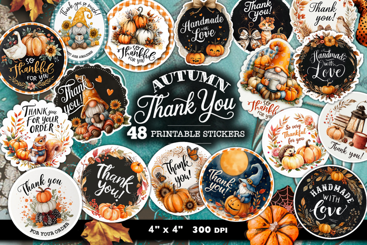 Thank you stickers autumn bundle , 48 stickers printable