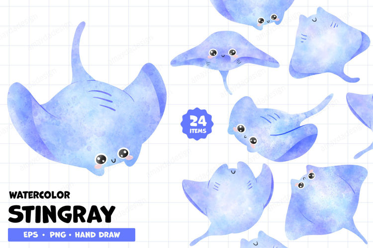 Watercolor Cute Stingray Clipart Ocean PNG & Vector Set