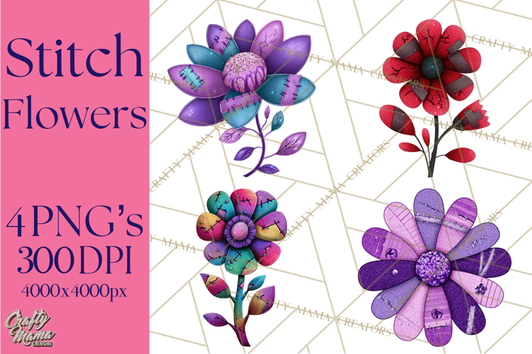 Mended Glitter Flower Clipart, Stitched Flower PNG