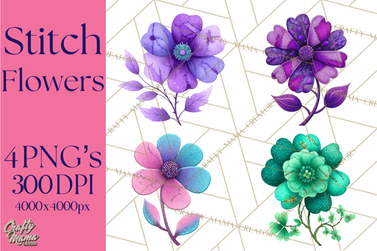 Mended Glitter Flower Clipart, Stitched Flower PNG