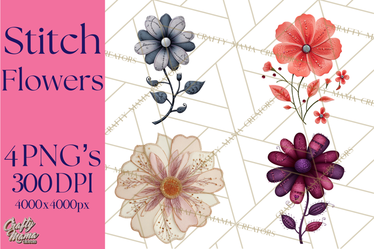 Mended Glitter Flower Clipart, Stitched Flower PNG