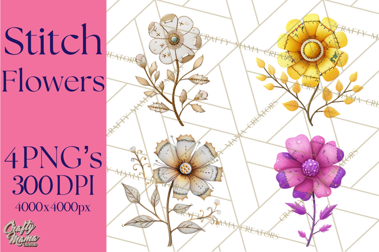 Mended Glitter Flower Clipart, Stitched Flower PNG