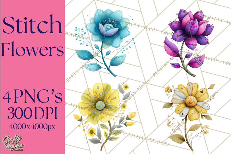 Mended Glitter Flower Clipart, Stitched Flower PNG