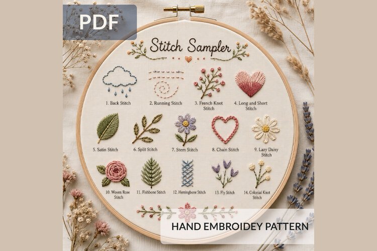 Embroidery Stitch Sampler PDF Pattern, Beginner Hand Embroid example image 1
