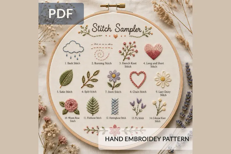 Embroidery Stitch Sampler PDF Pattern, Beginner Hand Embroid