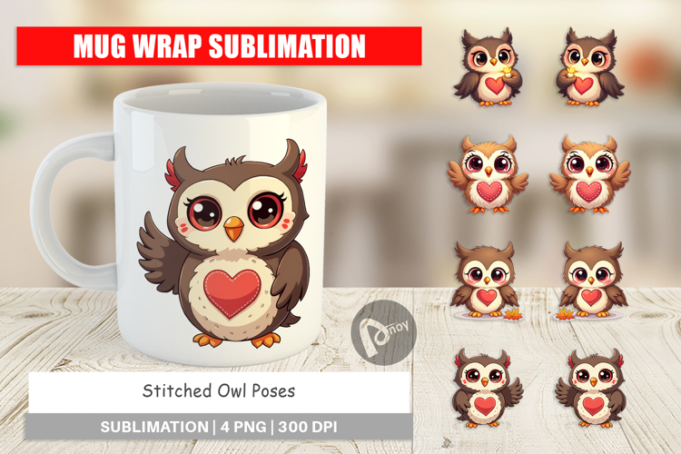 Stitched Owl Poses Mug Wrap