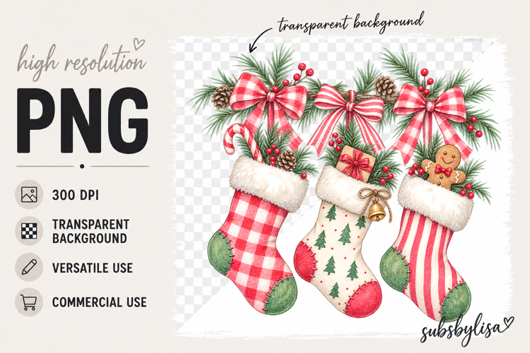 3 Christmas Stockings png | Plaid Christmas Clipart