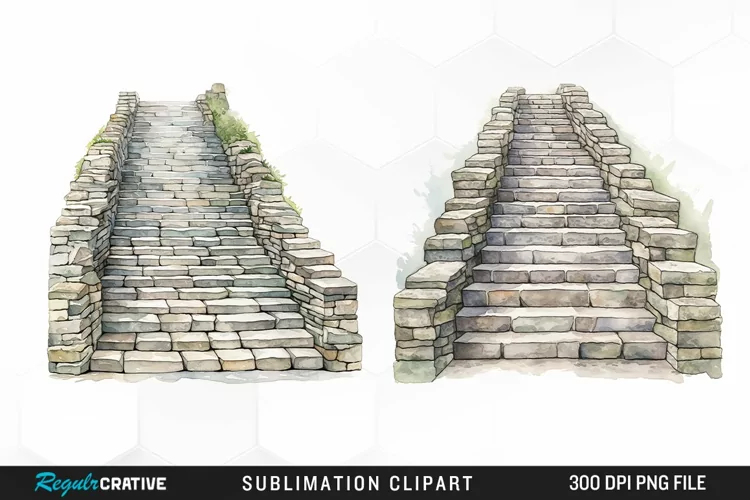 Watercolor Stone Stairs Design Clipart