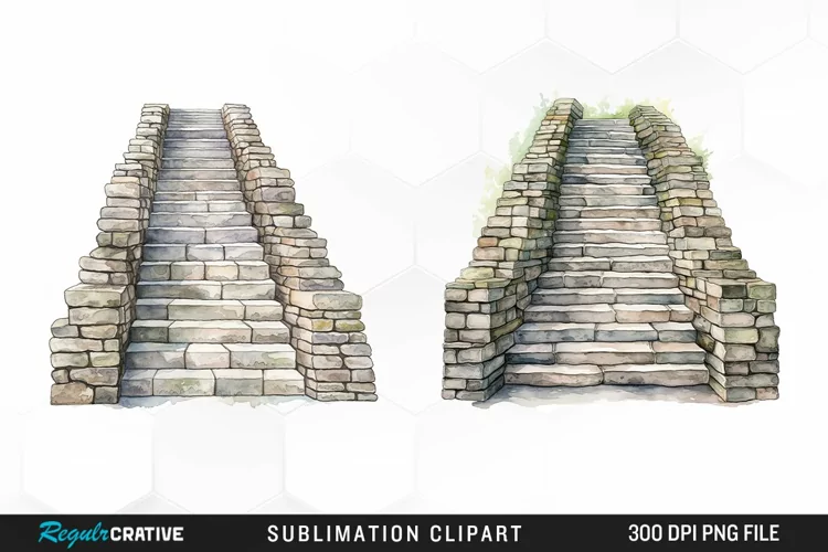 Watercolor Stone Stairs Design Clipart