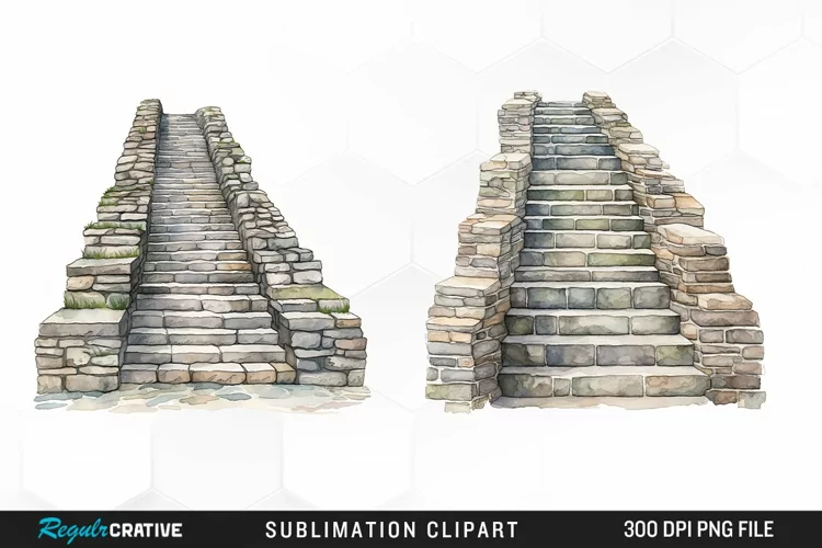 Watercolor Stone Stairs Design Clipart