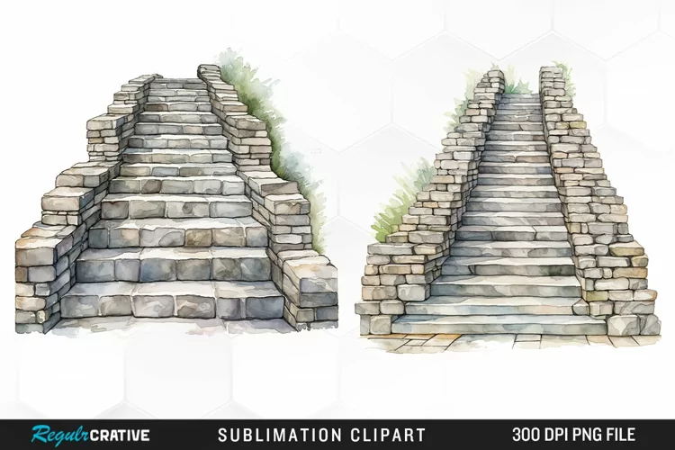 Watercolor Stone Stairs Design Clipart