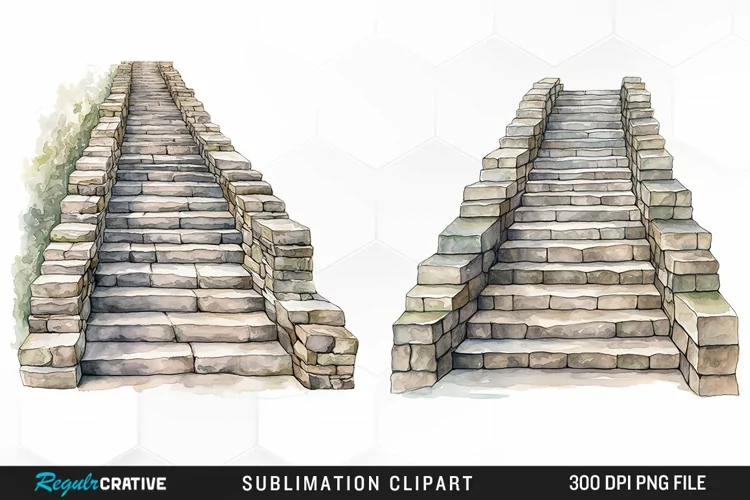 Watercolor Stone Stairs Design Clipart