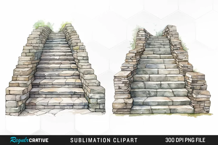 Watercolor Stone Stairs Design Clipart