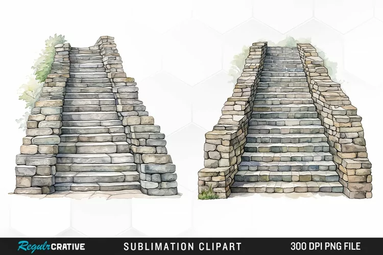 Watercolor Stone Stairs Design Clipart