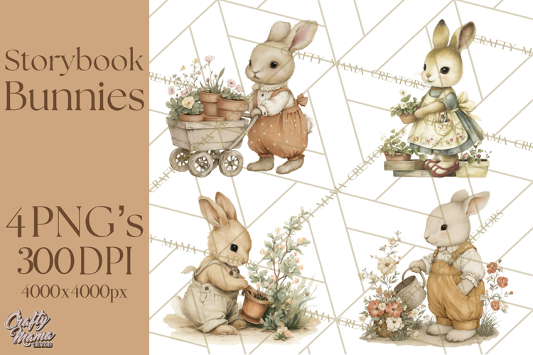 Vintage Spring Bunny Clipart, Whimsical Bunny Gardening example image 1