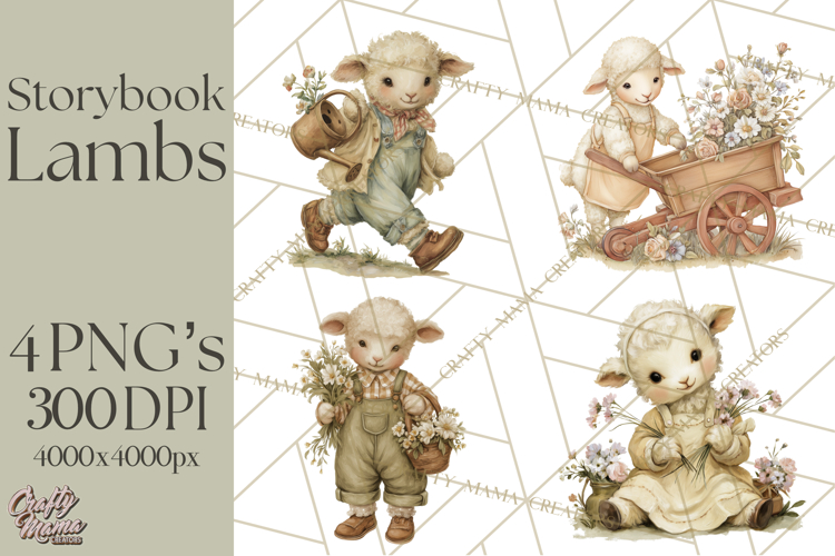 Vintage Spring Lamb Clipart, Whimsical Lamb Gardening