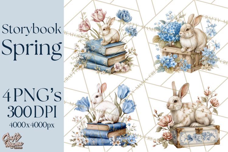 French Vintage Spring Clipart PNG, Pastel Bunny   Floral Art