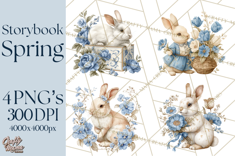 French Vintage Spring Clipart PNG, Pastel Bunny   Floral Art