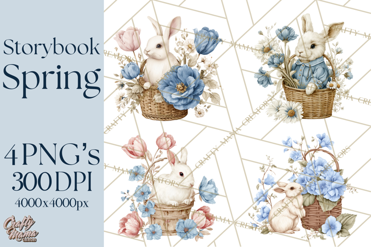 French Vintage Spring Clipart PNG, Pastel Bunny   Floral Art
