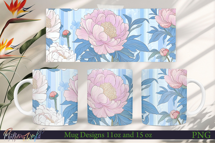 Flowers Mug Wrap | Blue Stripes | Pink Peony