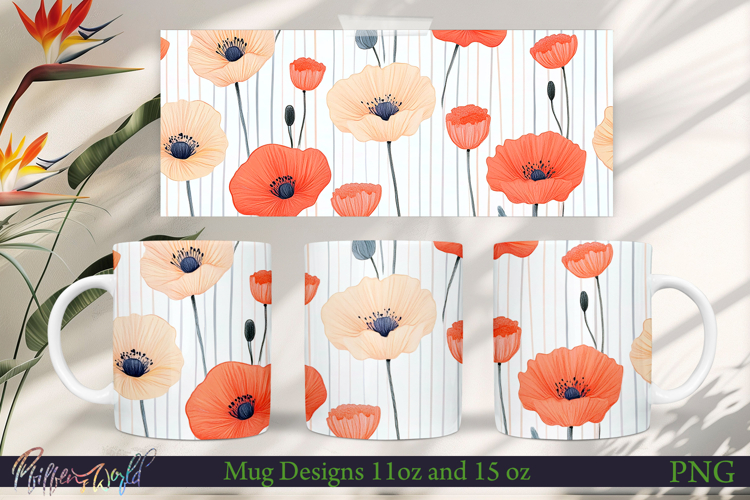 Flowers Mug Wrap | Stripes | Red Poppies Meadow