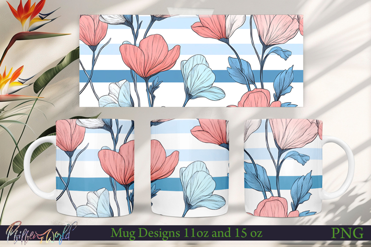 Flowers Mug Wrap | Blue Stripes | Pink and Blue Meadow