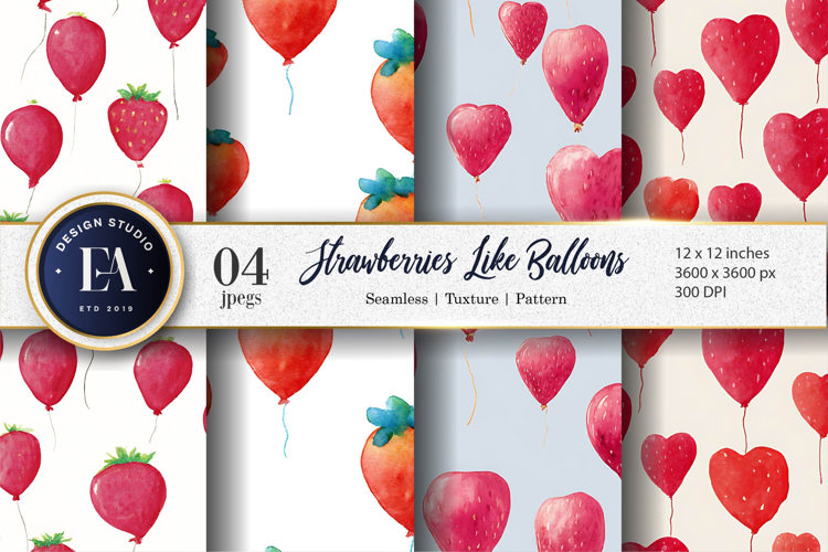 Strawberries as Floating Balloons Watercolor Digital Paper