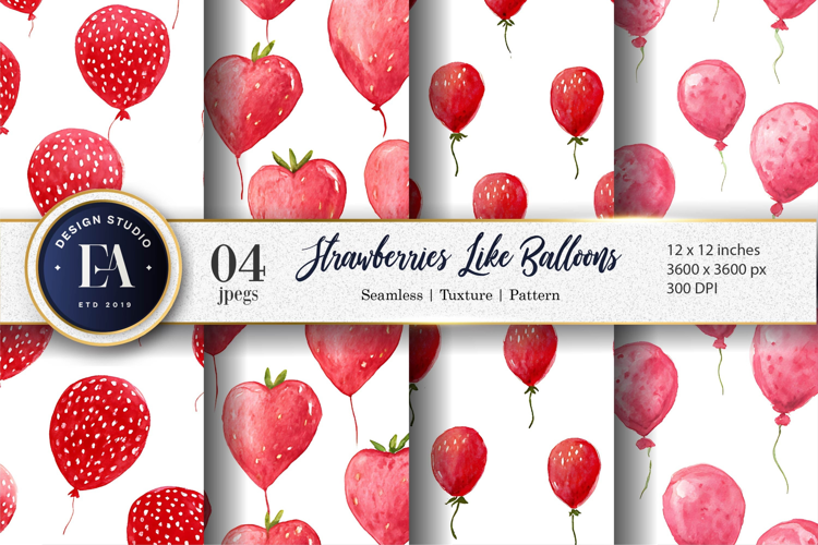 Strawberries Shaped Like Balloons Watercolor Digital Paper