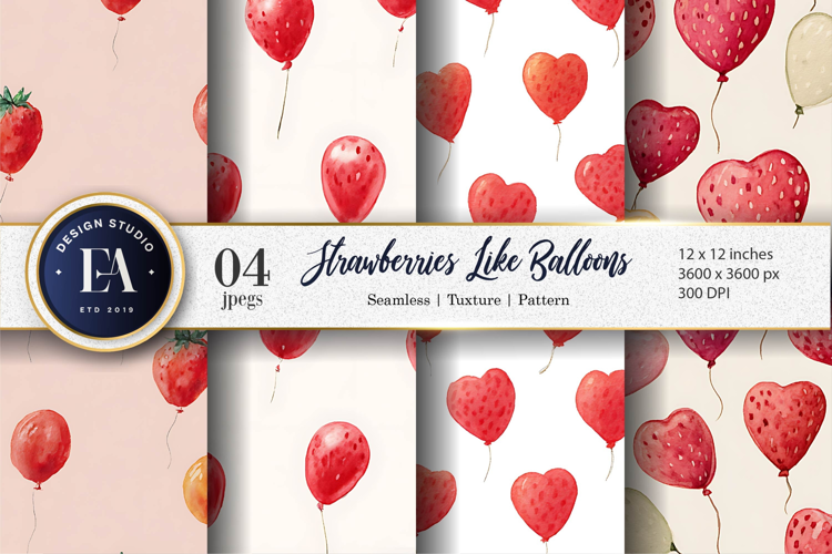Strawberries as Floating Balloons Watercolor Digital Paper