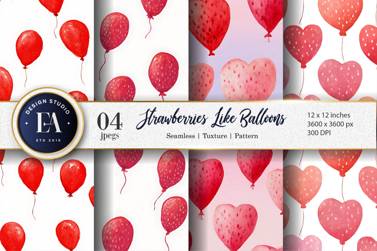 Strawberries Shaped Like Balloons Watercolor Digital Paper