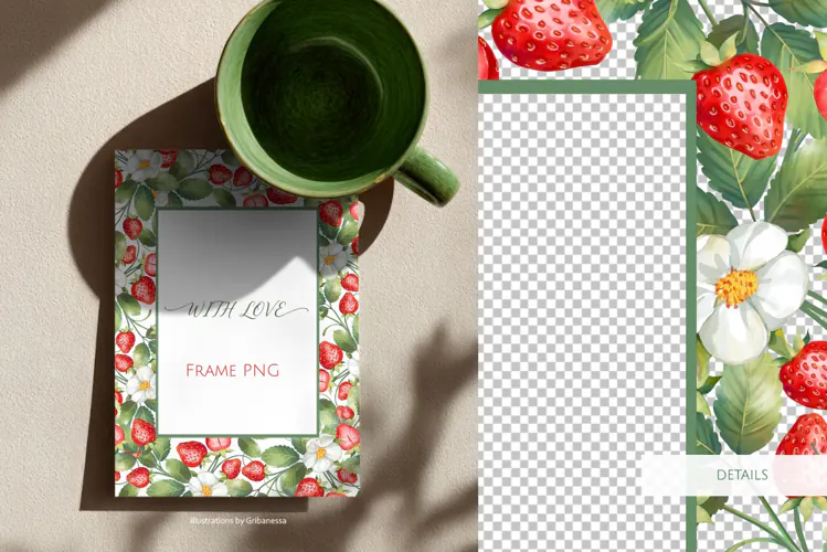 Strawberry and White Flower Rectangular Frame PNG