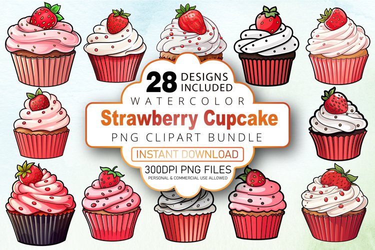 Strawberry Cupcake Watercolor Clipart Bundle