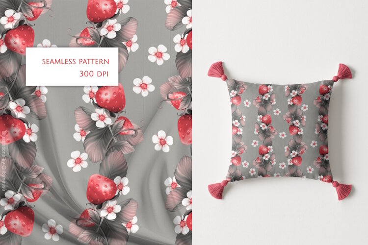Strawberry & Grey Leaves Botanical Seamless Pattern example image 1