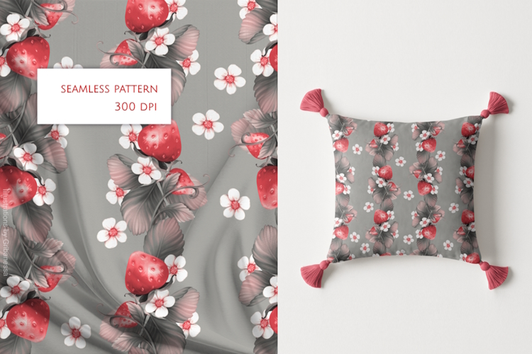Strawberry & Grey Leaves Botanical Seamless Pattern