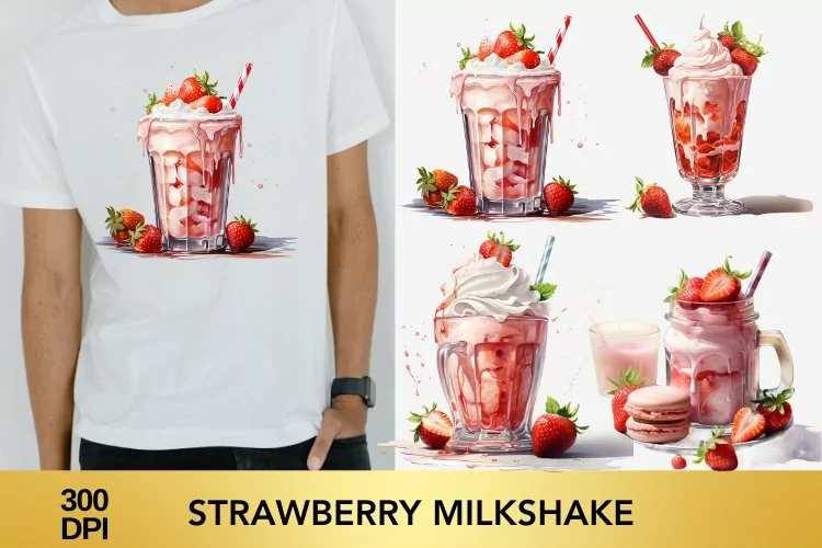 4 png Watercolor Strawberry Milkshake Clipart