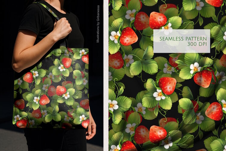 Strawberry Seamless Pattern on Black Background example image 1