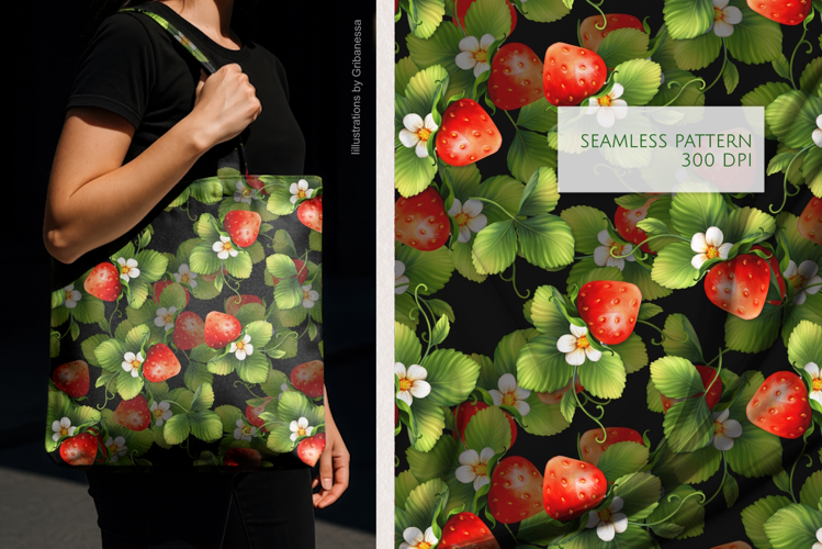 Strawberry Seamless Pattern on Black Background