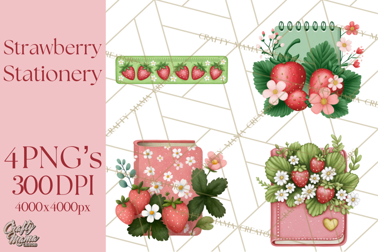Strawberry Stationery Clipart, Pastel Office Supplies Png