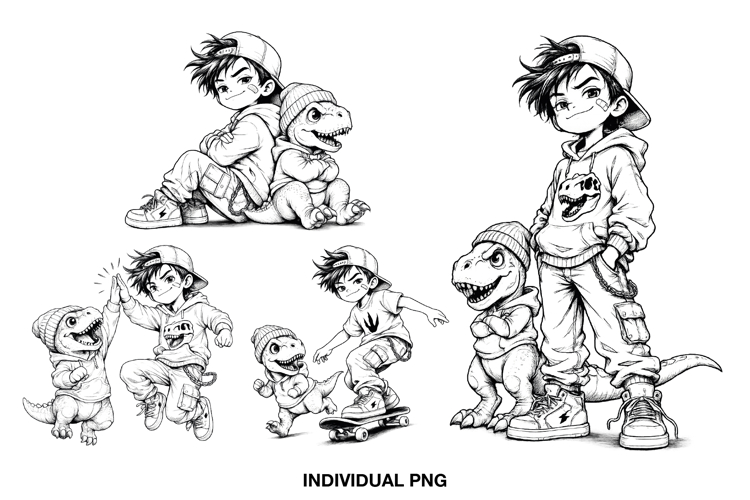 Street Style Boy and Dinosaur PNG for Kids Shirts