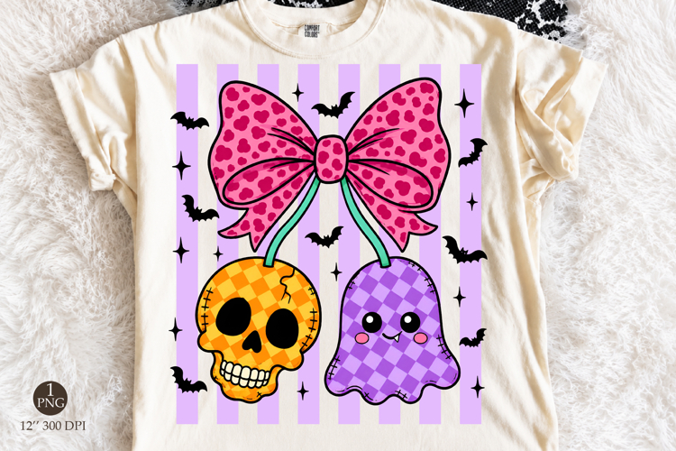 Striped Halloween Ghost & Skull with Cherry Bow Png