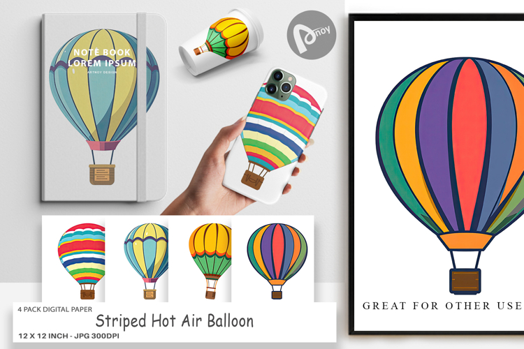 Digital Paper Striped Hot Air Balloon