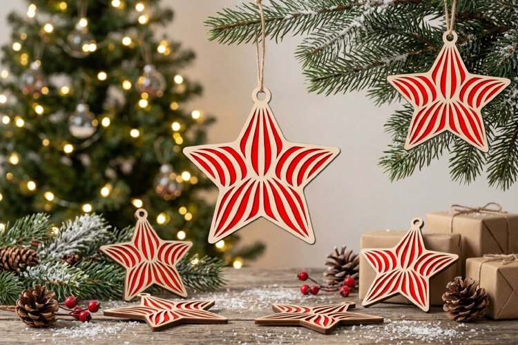 Striped Petals Christmas Star SVG Wood Ornament example image 1