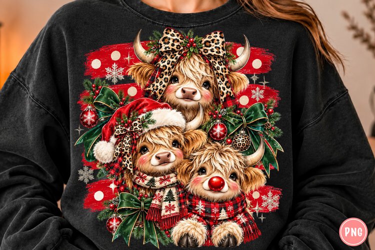 Stripes Christmas Highland Cow PNG example image 1