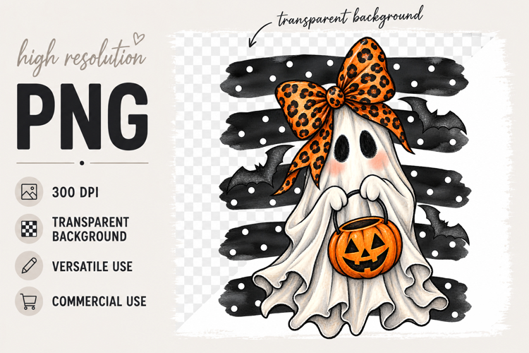 Ghost Halloween Leopard Bow Clipart PNG Design
