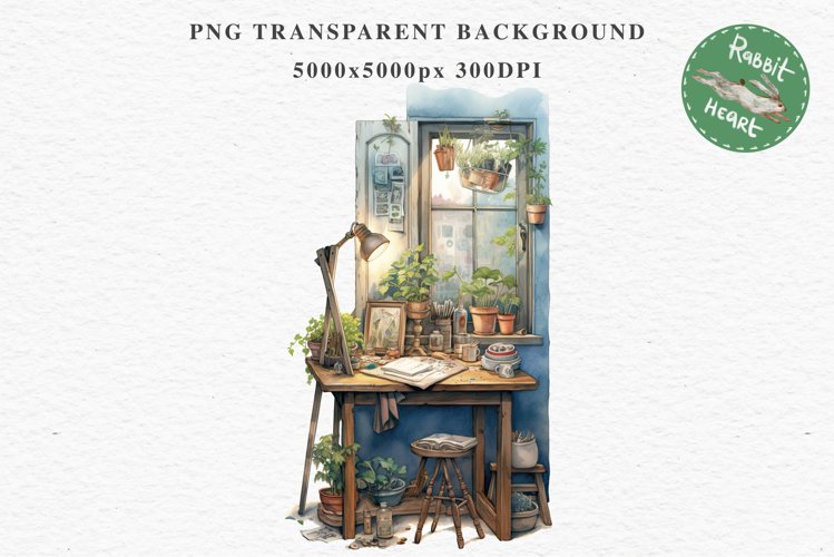 Study Corner Clipart Artist Workspace PNG Scrapbooking Art boho cozy interior table desk Transparent art workshop designs sublimation kids printable digital watercolor Study Corner Clipart, Artist Workspace PNG,  jpeg boho cozy interior table, work desk