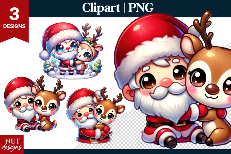 Cute Christmas clipart, Santa and Deer Clipart PNG