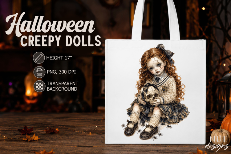 Creepy Porcelain Doll With Skull Halloween sublimation