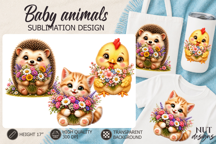 Baby Animals with flowers Sublimation Kitten Chick Hedgehog