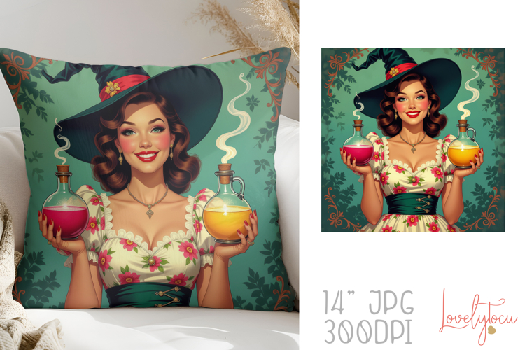 Retro 50s witch graphic pillow sublimation design