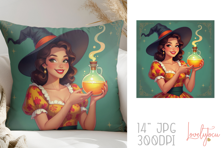Retro 50s witch graphic pillow sublimation design